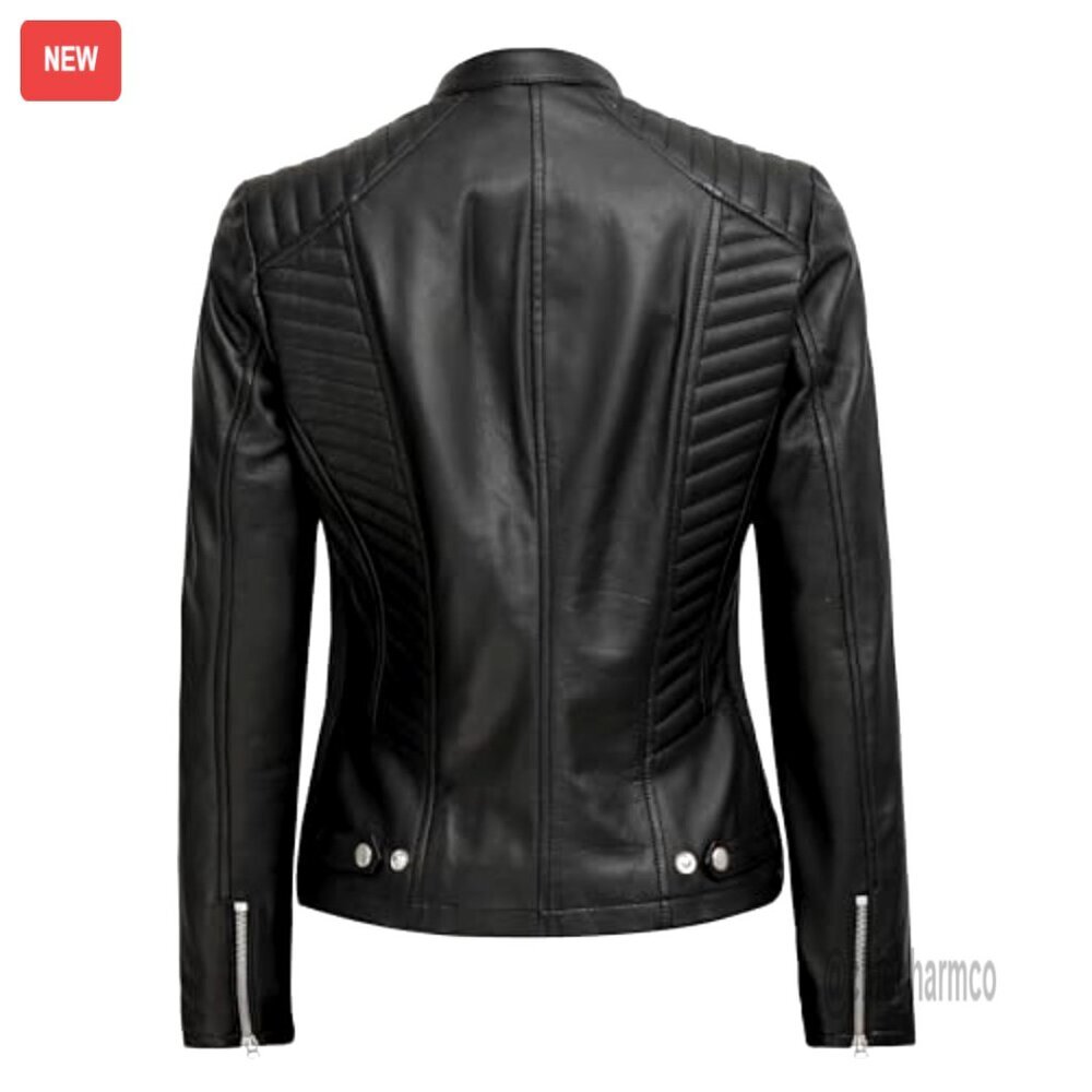 Lambskin Leather Jacket Cafe Racer Style Distressed Quilted Design Women's - Picture 5 of 6